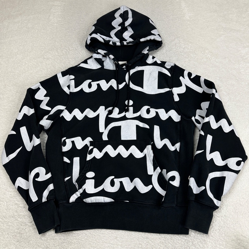 Vintage Champion All Over Print Reverse Weave Hoodie Spell Out Mens Size Medium